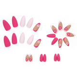 Frosted Pink Flower Short Nail Tips Almond Shaped Full Cover Fake False Tip Press On Nails Acrylic Removable Nail Art Tips-24pcs