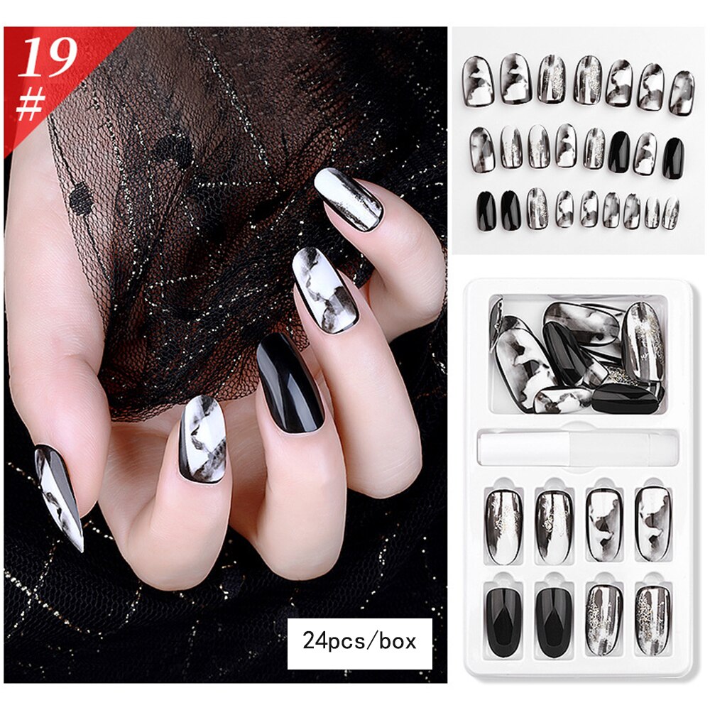 24 Pcs/Box False Nail Glitter Mirror Aurora Full Cover Nail Tips Coffin Fake Nails Gradient Nail DIY Decoration