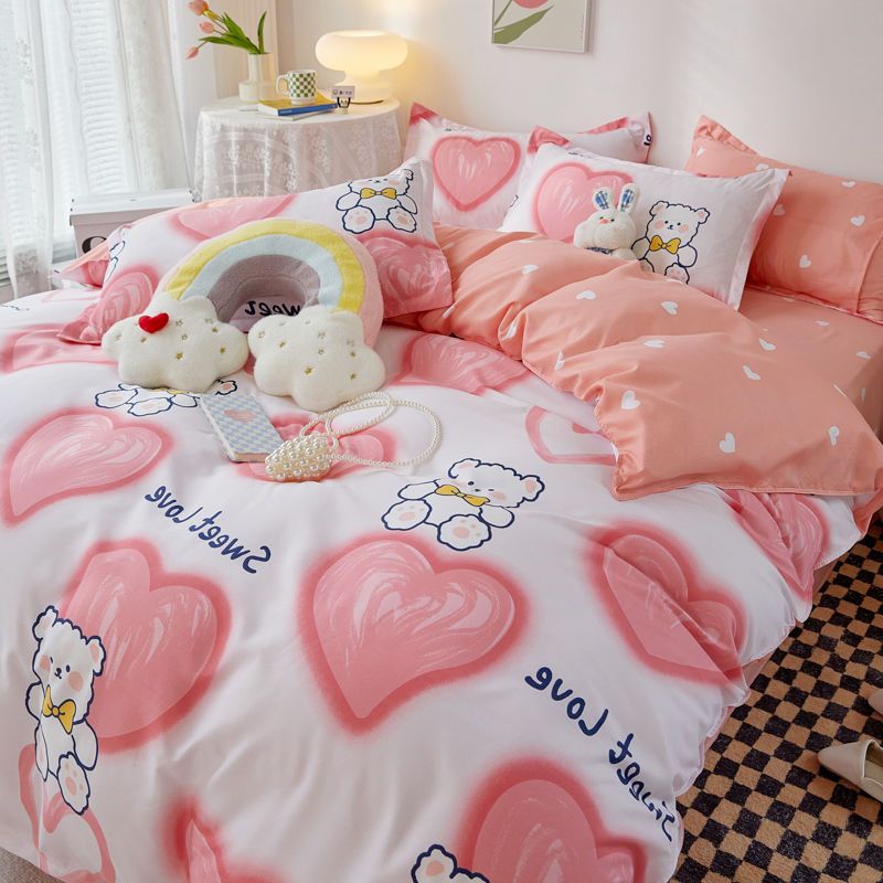 Pink Heart Bedding Set Lovely Bed Linen Sheet Duvet Cover 240x220 Single Double Queen King Quilt Covers Sets Soft Bedclothes