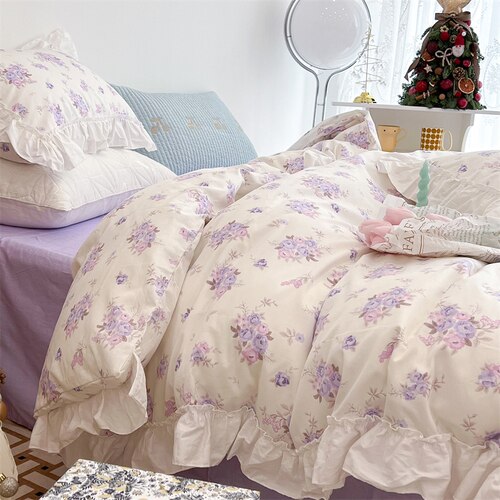 100% Cottom queen bedding set Romantic printed rose ruffle pink bedding set princess home textile linen bed sheet set twin size