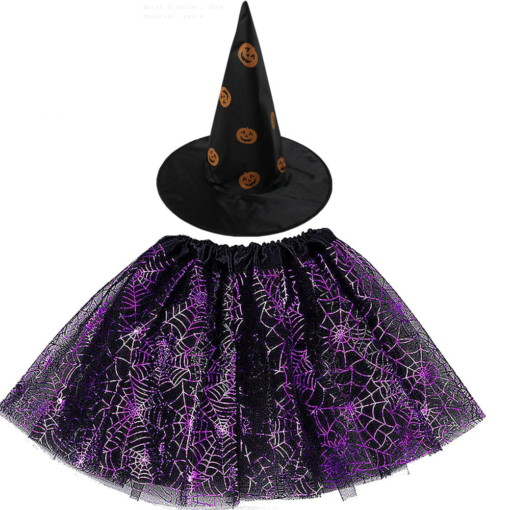 Halloween Costume for Kids Girls Spider Web Tutu Cobweb Skirt Witch Wizard Hat Tulle Carnival Birthday Party Outfits Festival