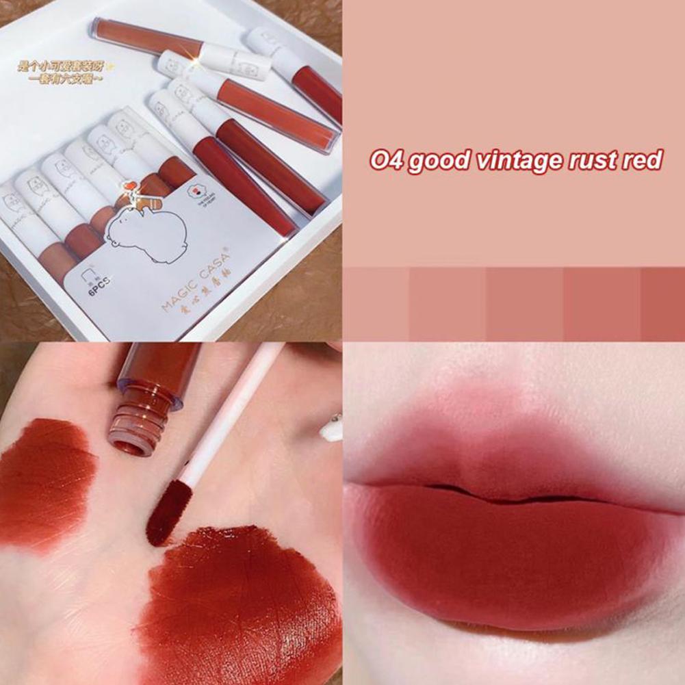 6pcs/set Waterproof Lipstick Sexy Red Lip Lip Stick Vintage Matte Velvet Lip Gloss Long Lasting Non-stick Cup Makeup Cosmetics