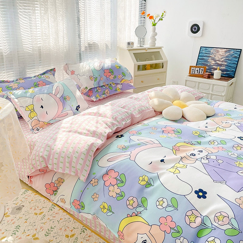 New Cartoon Foral Print Polyester Bedding Set Full Size Soft Thicken Duvet Cover Set with Flat Sheet Quilt Cover and Pillowcase