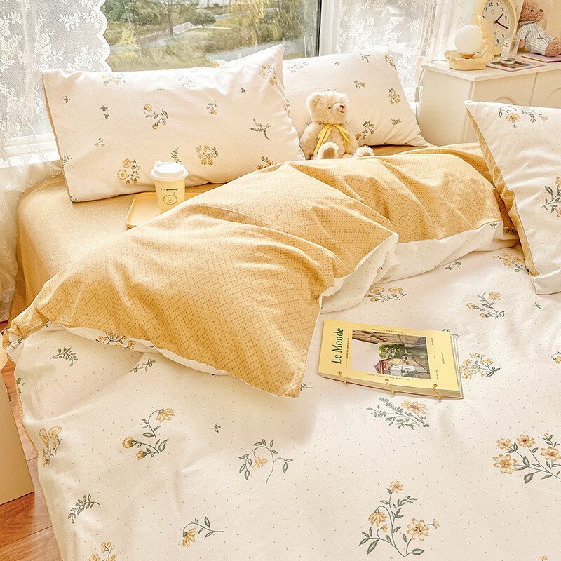 Flowering Plant Print Queen Bedding Set Cotton Soft Comfortable Duvet Cover Set with Sheets Skin Friendly Comforter Bedding Sets