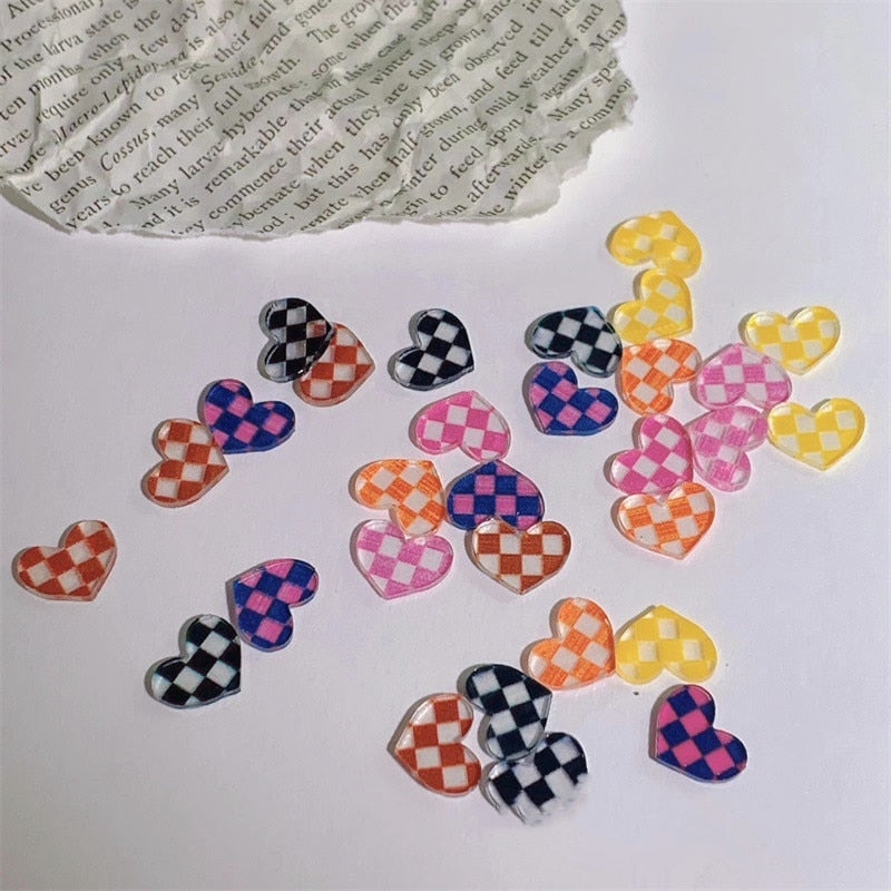 10pcs Chess&Heart Resin Nail Charm Transparent 6Color Black White Plaid/Checker Board Loving Heart Shape Nail Decorations #TY7-1