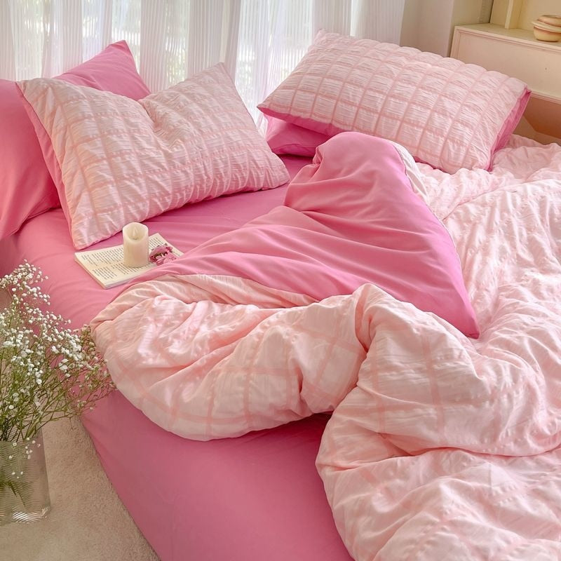 Korean Princess Pink Seersucker Bedding Kawaii Bed Skirt Duvet Cover Solid Color Queen Size Double Sheets Sets For Girls