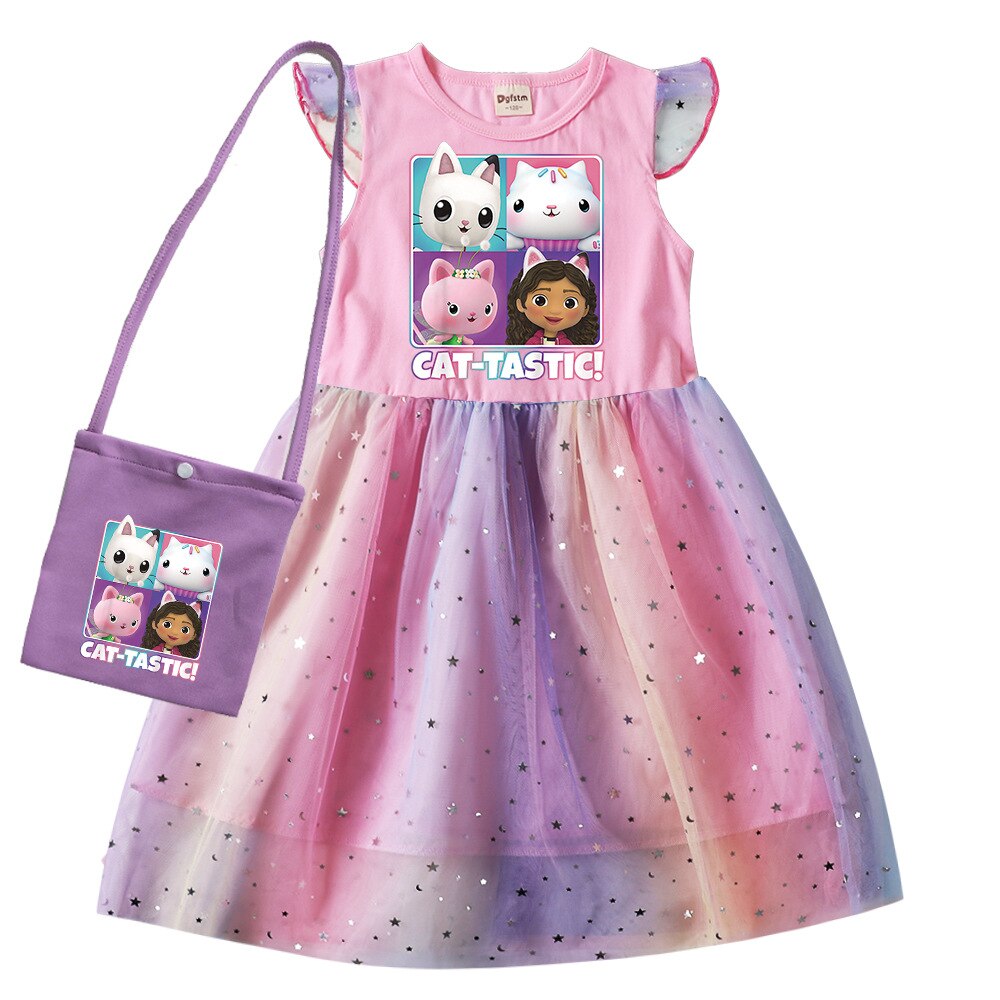 Gabbys Dollhouse Clothes Baby Girls Sleeveless Dresses with Small Bag Kids Cartoon Cats-tastic Wedding Party Princess Vestidos