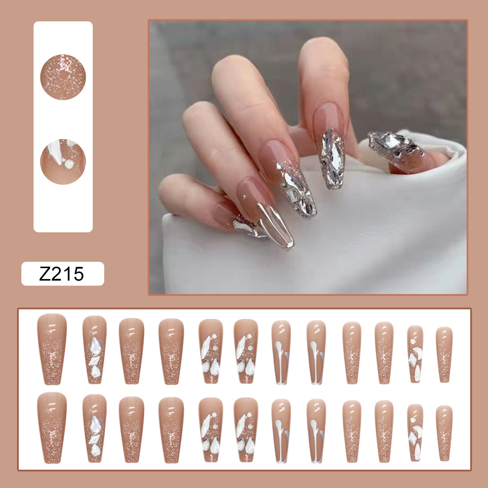 24Pcs/box False Nails with design bling Rhinestones Nail Beauty Press on Fake Nails with glue Full Cover Artificial Nails Tips