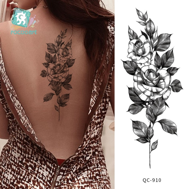 Waterproof Temporary Tattoo Sticker Hand Drawn Black and White Lotus Design Body Art Fake Tattoo Flash Tattoo Back Female Male