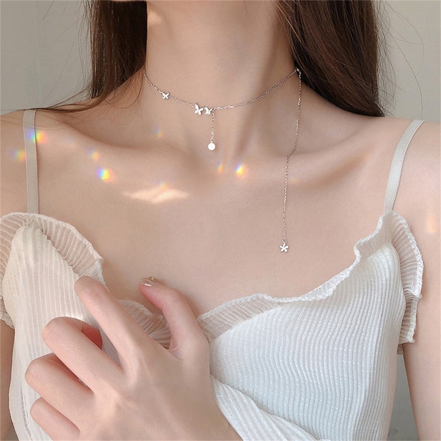 Double Layer Moonstone Tiny Love Heart Pendant Necklace Clavicle Chain For Women Trendy Cute Butterfly Choker Wedding Jewelry