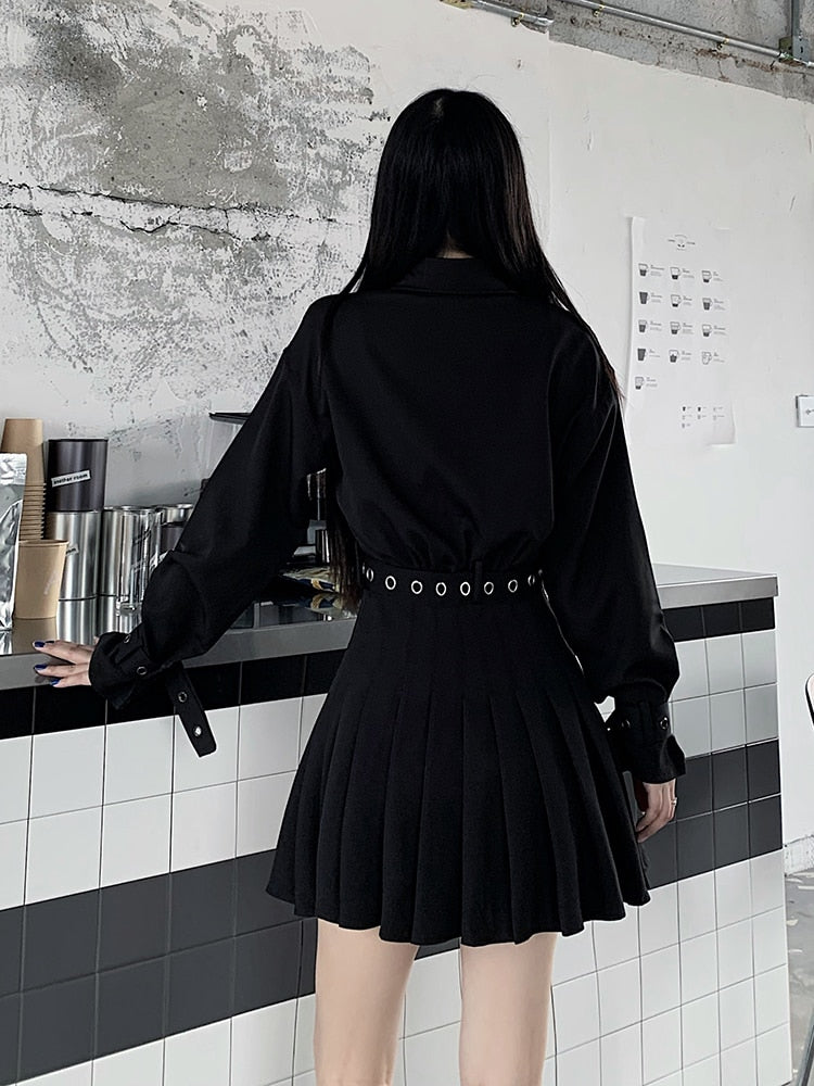 Gothic Pleated Belted Dress