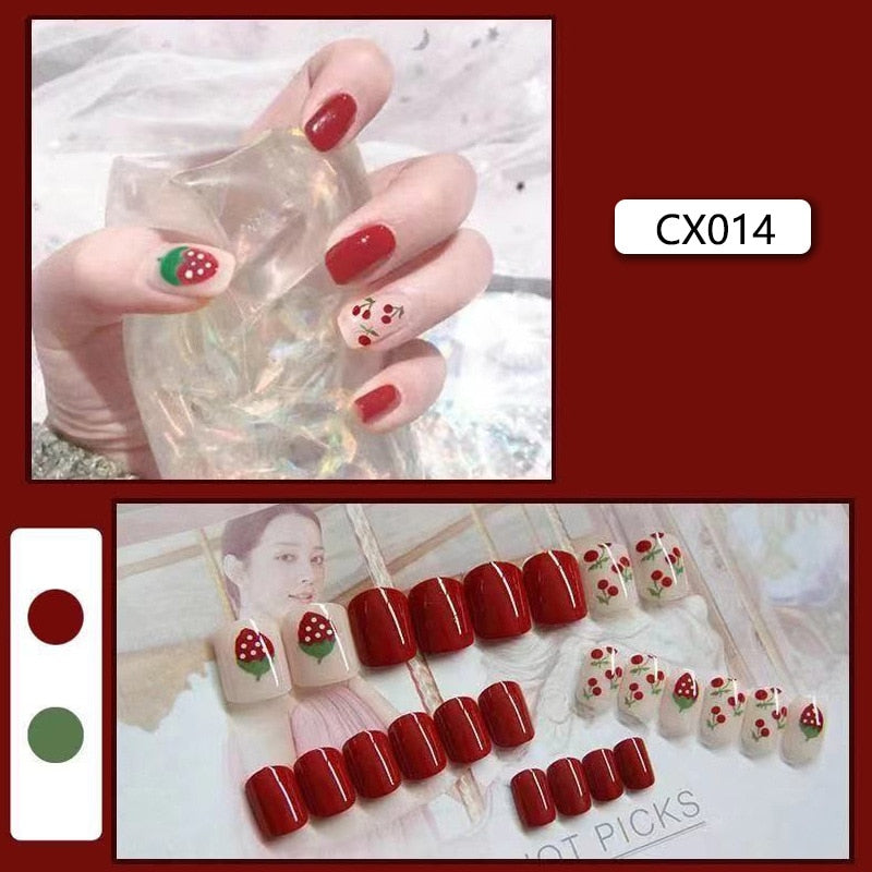 24pcs/box Fake Nails Press on Short Reusable with Designs Set French Artificial Pink kawaii False Tipsy Stick-on Nails Tips Art