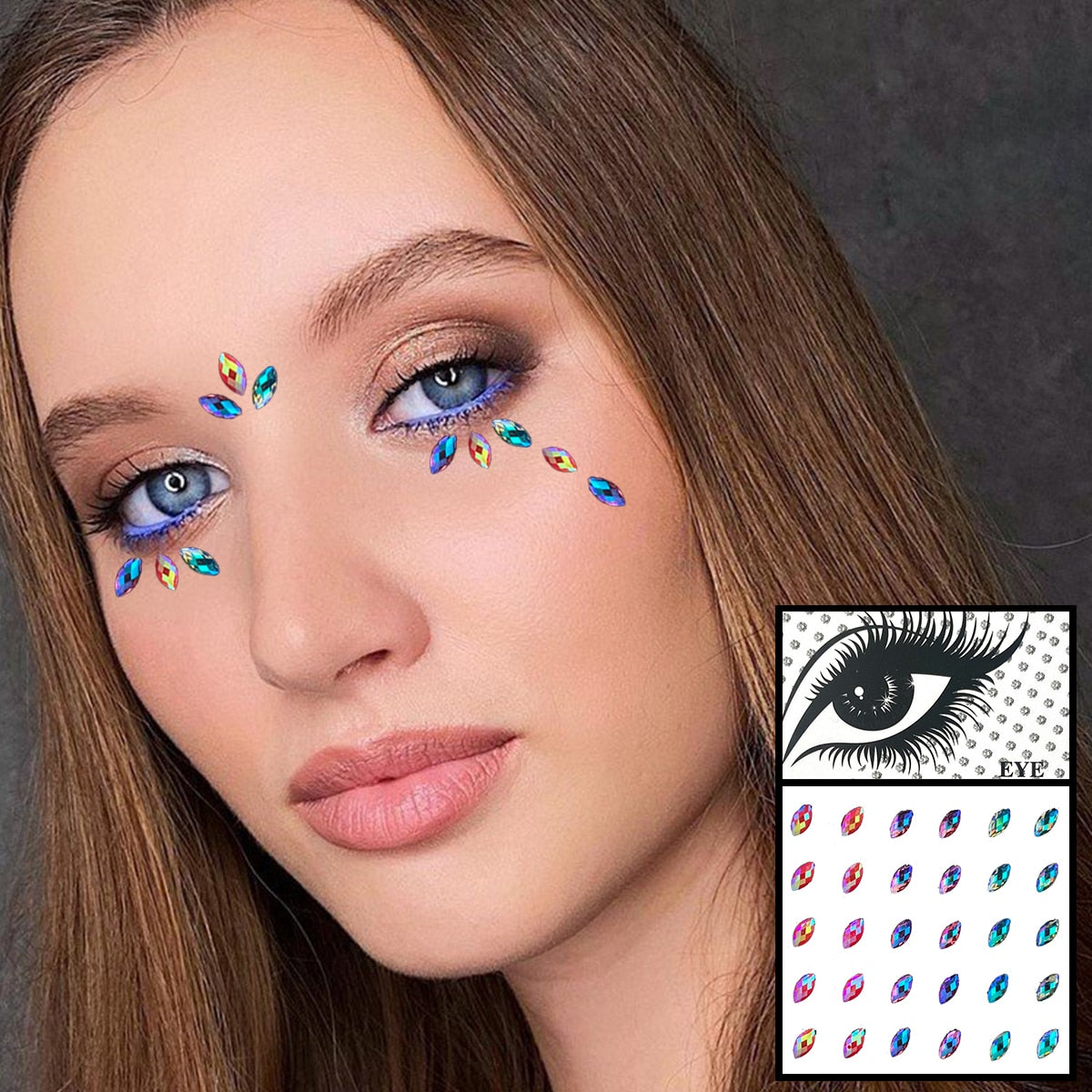 Pink Flower Star Heart Face Gems Temporary Tattoos Eyes Eyebrow Diamonds Jewels Sticker Glitter Crystals Jewelry Halloween Rave