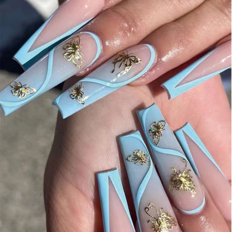 24pcs Long Coffin Acrylic Fake Nails Wearable Ballerina Rhinestone Butterfly Glitter Full Cover Nail Tips Set Press On Nails New