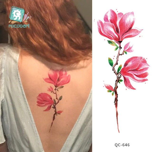 Waterproof Temporary Tattoo Sticker Hand Drawn Black and White Lotus Design Body Art Fake Tattoo Flash Tattoo Back Female Male