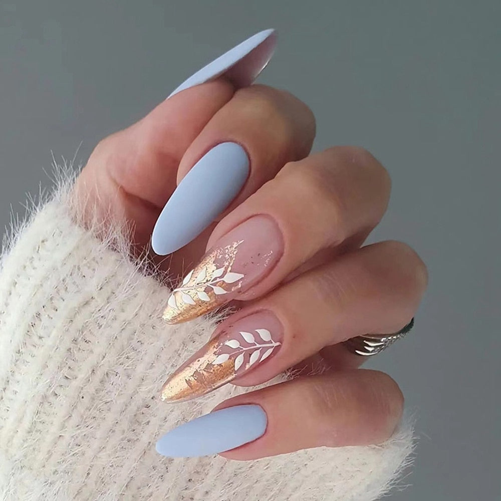 24Pcs/Set Blue Sky White Cloud Pattern Design False Nail French Stiletto Full Cover Fake Nails Glue DIY Manicure Nail Art Tools