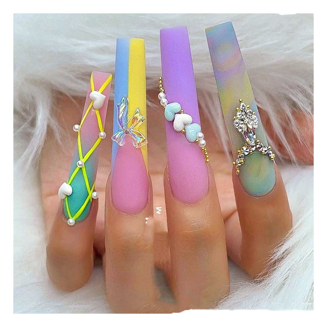 1Box Pure Hand-Make Wears Long Nail Tip Rainbow,Cherry,Flame Designs Fake False Tips Press On Stick Nails(Customized By Picture)