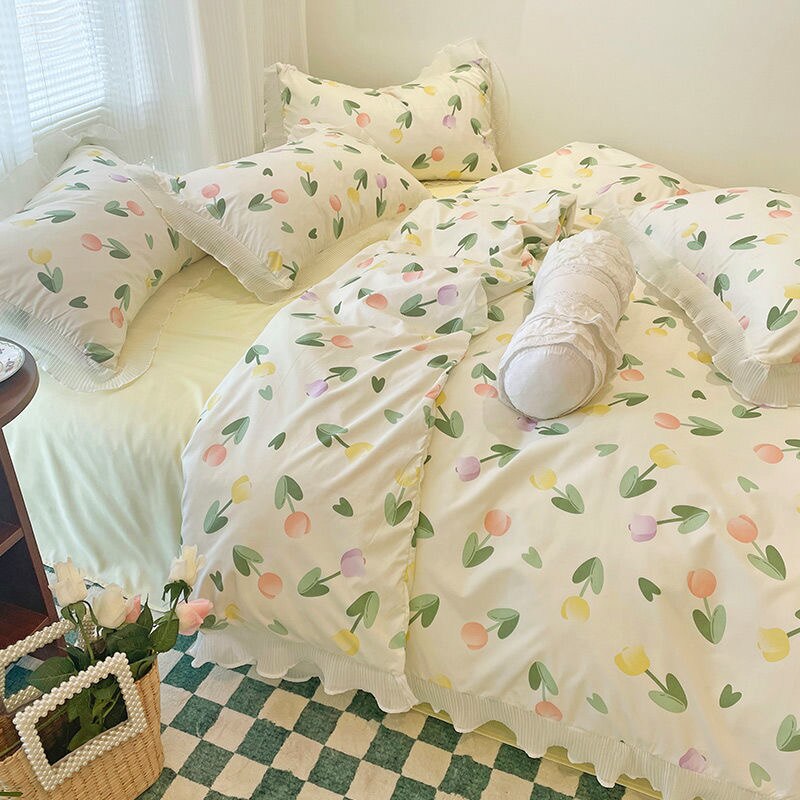 Polyester Bedding Set Pastoral Style Tulip Pattern Flowers Floral- Double -- Pillow Case / Bed Sheet / Quilt Cover