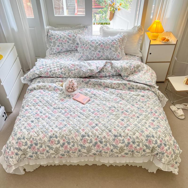 100%Cotton Premium Quality Soft Duvet Cover Bedspread Coverlet Pillow shams Diamond Quilted Floral Ruffled Comforter Cover set