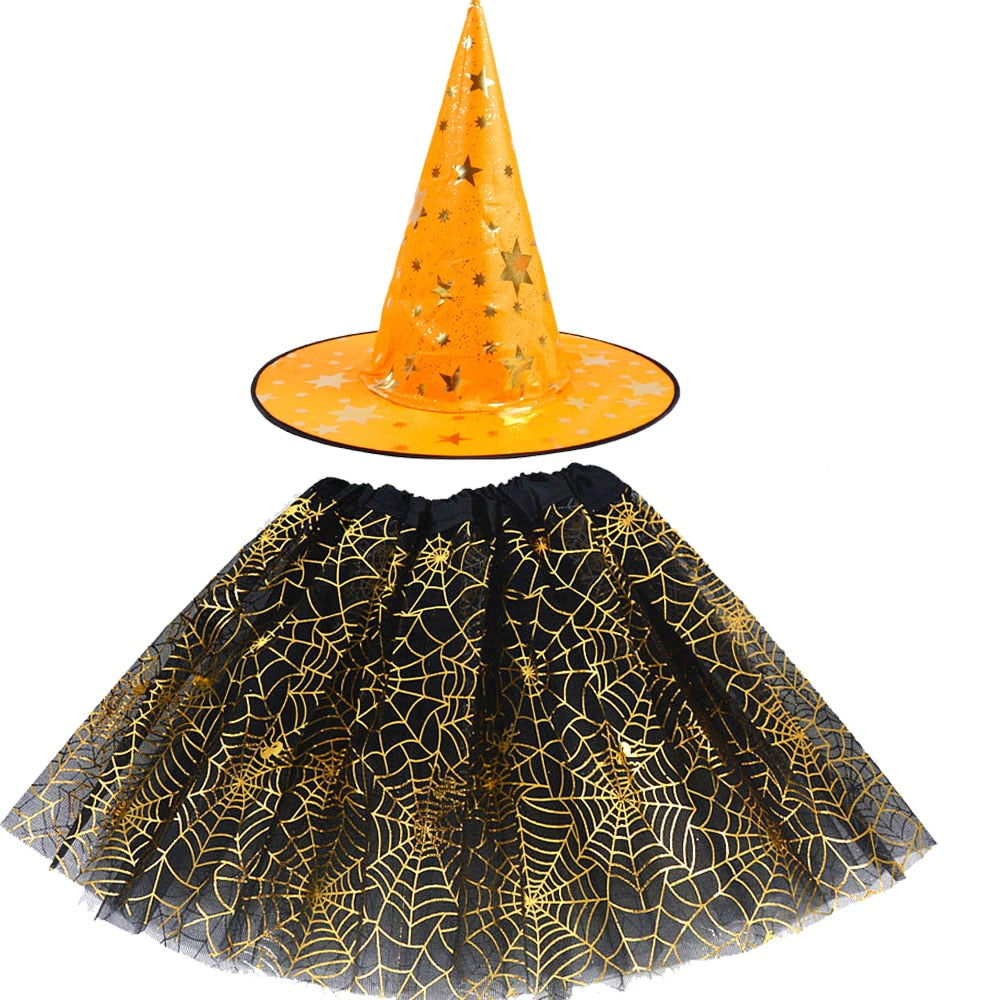 Halloween Costume for Kids Girls Spider Web Tutu Cobweb Skirt Witch Wizard Hat Tulle Carnival Birthday Party Outfits Festival