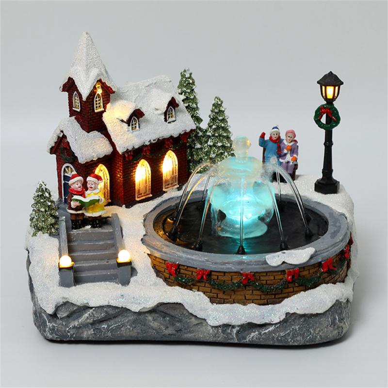 Water Fountain Luminous LED Light Up Music Christmas Village Ornaments Santa Claus Snow House Xmas Tree New Year Home Decoration