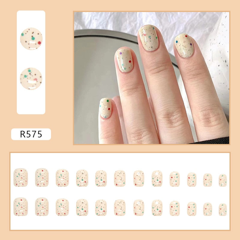 24Pcs/Set Short False Press on Nail Tip with Glue Designs Detachable Reusable Fake Nails with Glue Stick-on Nail Art DIY Tips