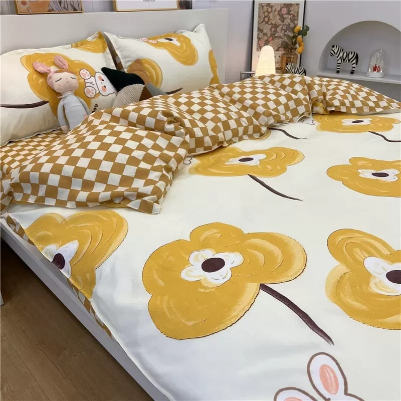 Cute White Duck Bedding Set Soft Home Textile Queen King Size Flat Bed Sheet Polyester Quilt Cover Pillowcase Kawaii Duvet Cover