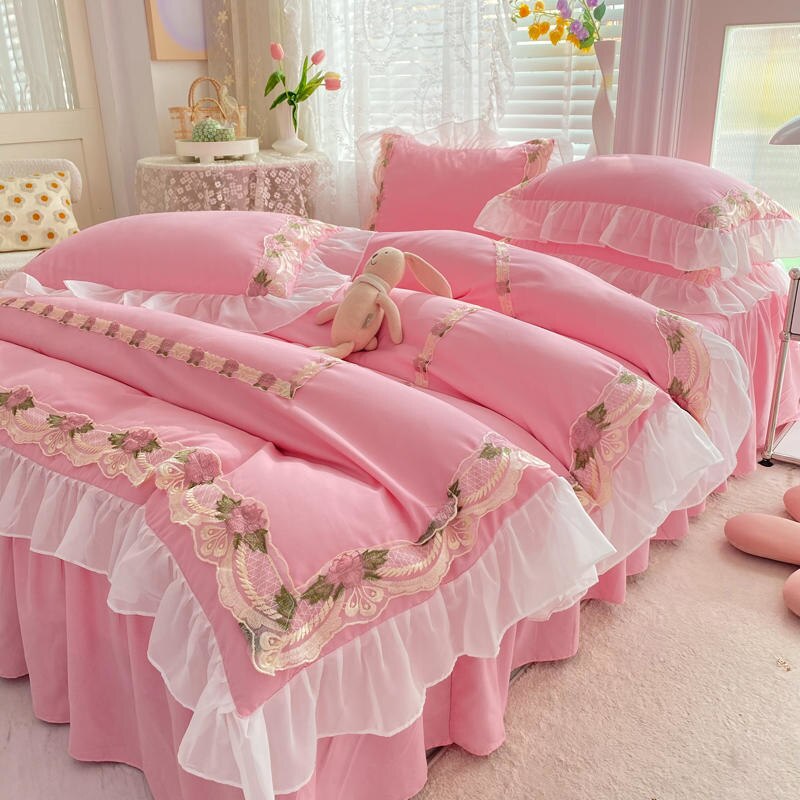 Princess Style Korean Bed Skirt Bed Sheet Embroidered Ruffle Lace Quilt Cover Ins Bedding For Girls Luxury Home Textiles