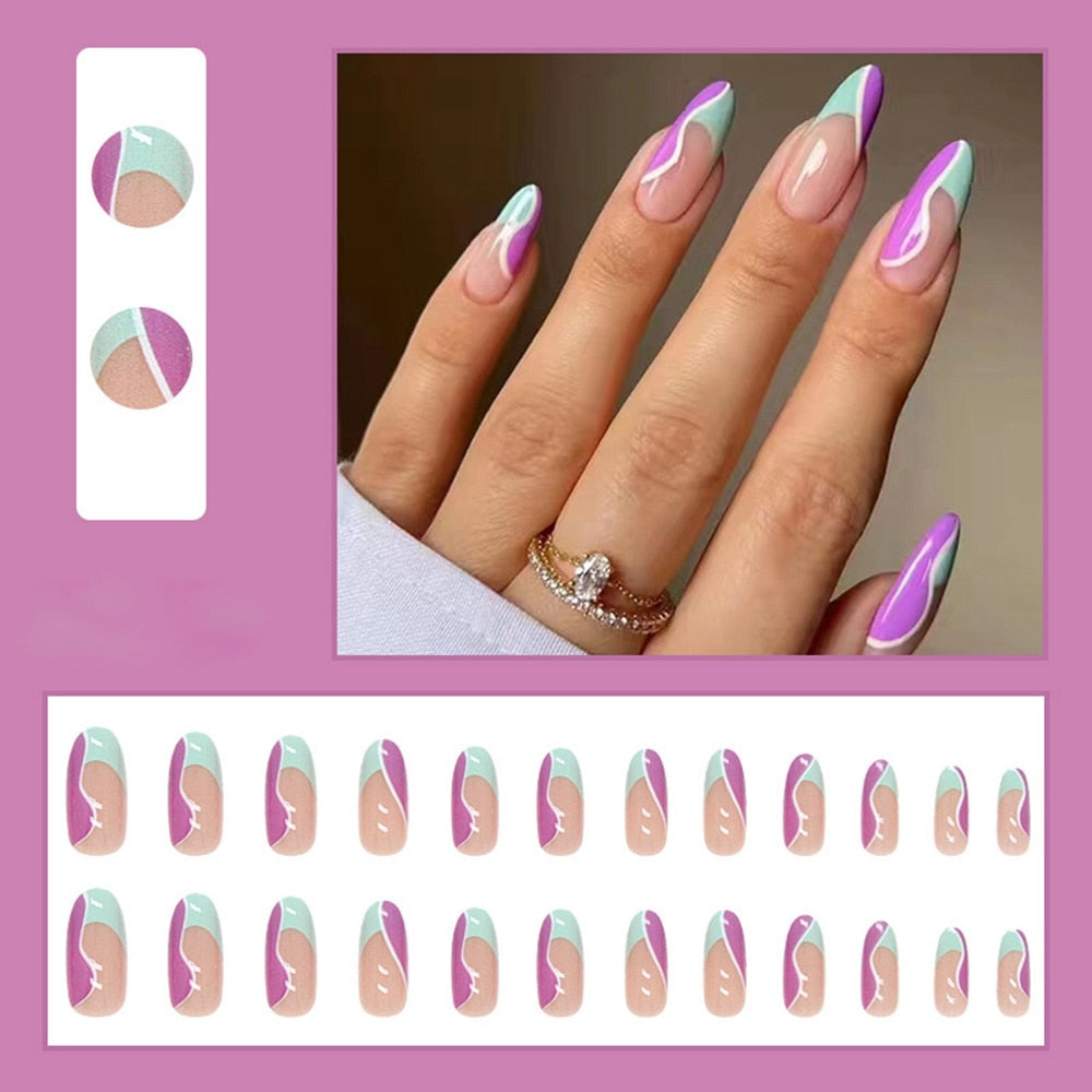 Simple French Wearable False Nails Almond Colorful Stripes Colorblock Design Manicure Fake Nails Line Full Cover Press On Nail