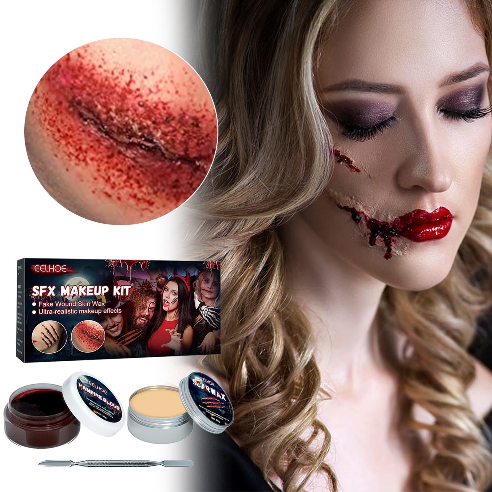 Halloween SFX Makeup Kit Safe Skin-friendly Scars Wax Fake Blood Gel Silver Spatula Special Effects Realistic Wounds Makeup Set