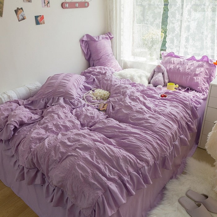 Korean Lovely Princess Queen Bedding Set Kawaii Ruffles Comforter Bedding Sets Cute Girl Duvet Cover Set with Sheet Quilt Covers