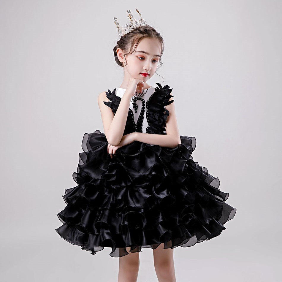 Princess Dress Red Black Swan Evening Dress+Crown Gril Dress Beaded Swan Dance Costume Short TuTu Dress Kids Tulle Summer Dress