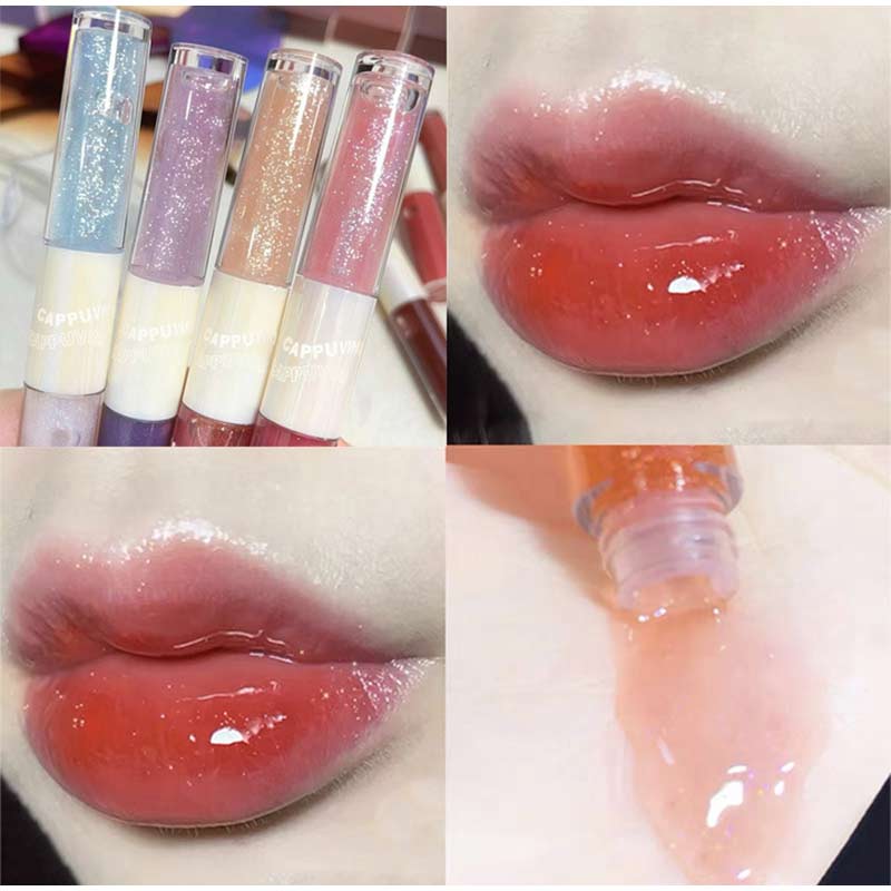 Purple Glitter Water Light Lip Gloss Long-lasting Double-end Lip Glaze Mirror Liquid Lipstick Not Fade Lip Tint Korean Cosmetic