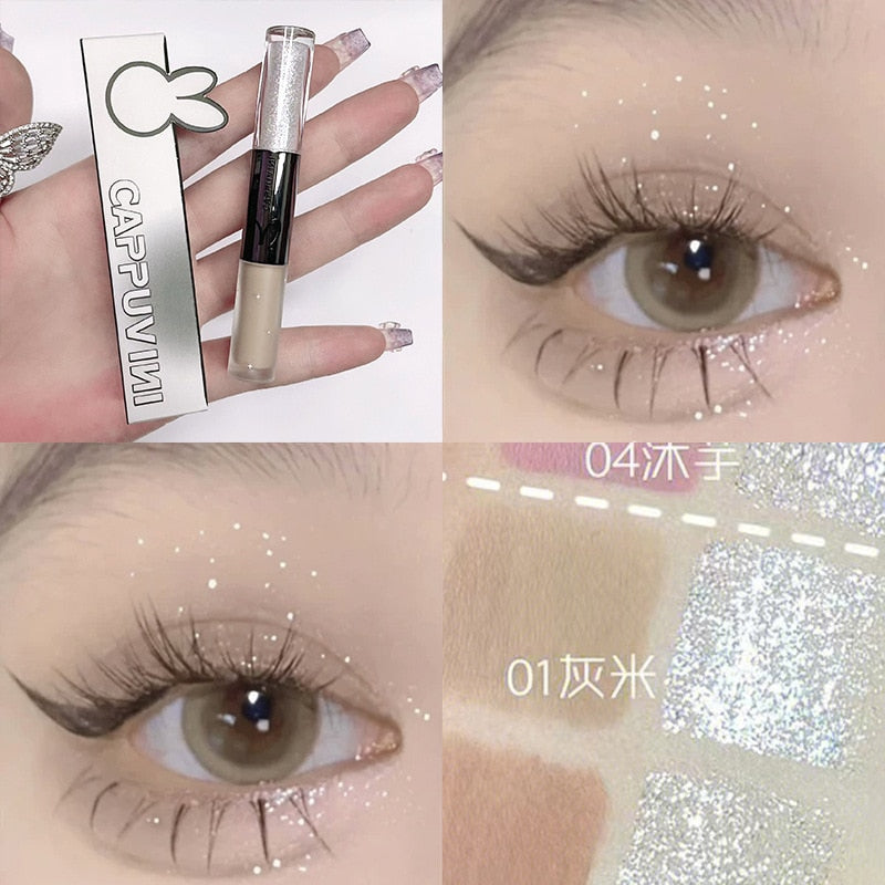 Double-head Peach Glitter Liquid Eyeshadow Contour Blush Pigment Silkworm Shimmer Matte Natural Cheek Shadow Cream Eye Makeup