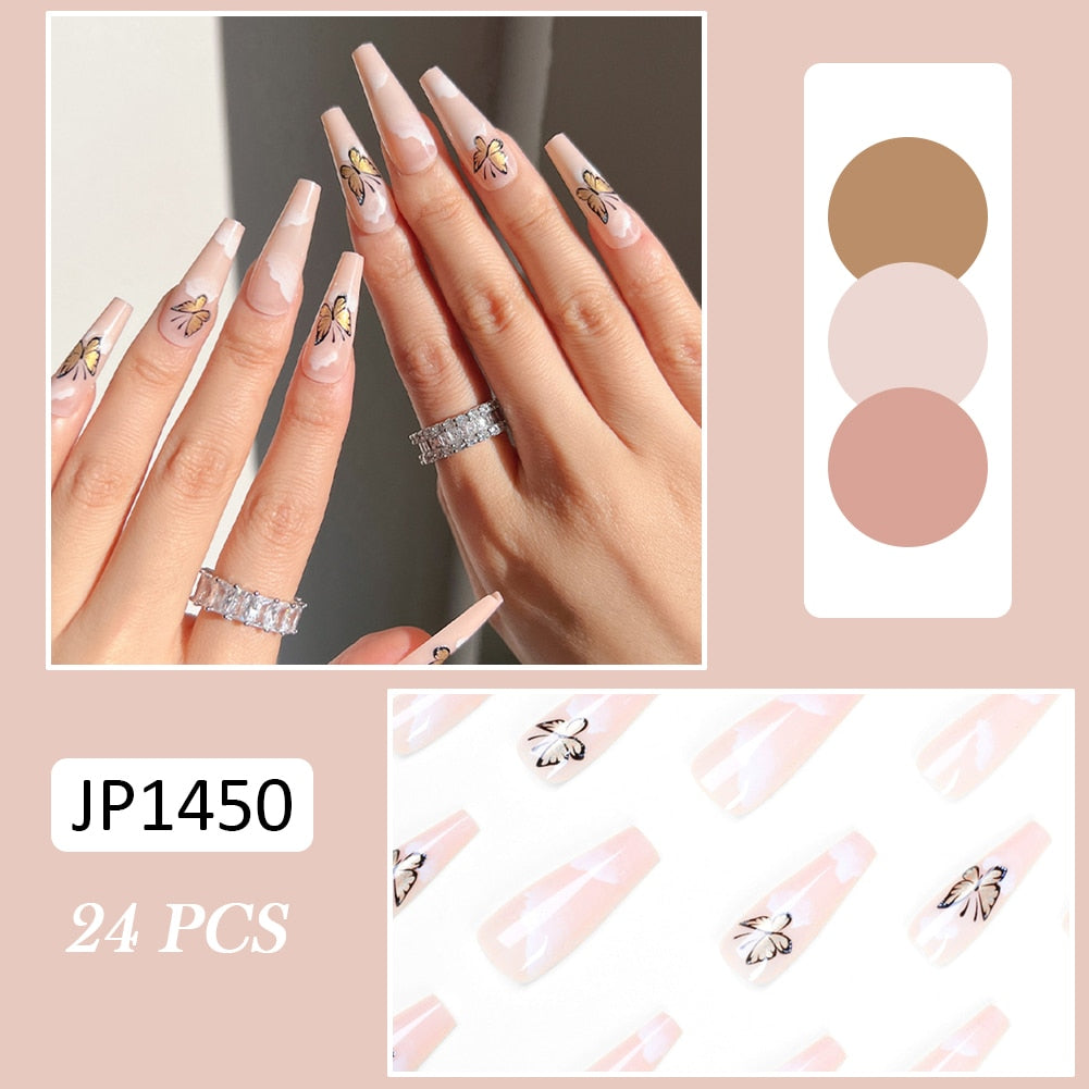 24pcs False Nails Nude Gradient Nail Patch Rhinestone Inlaid Press On Nails Removable Long Paragraph Fashion Manicure nail tips