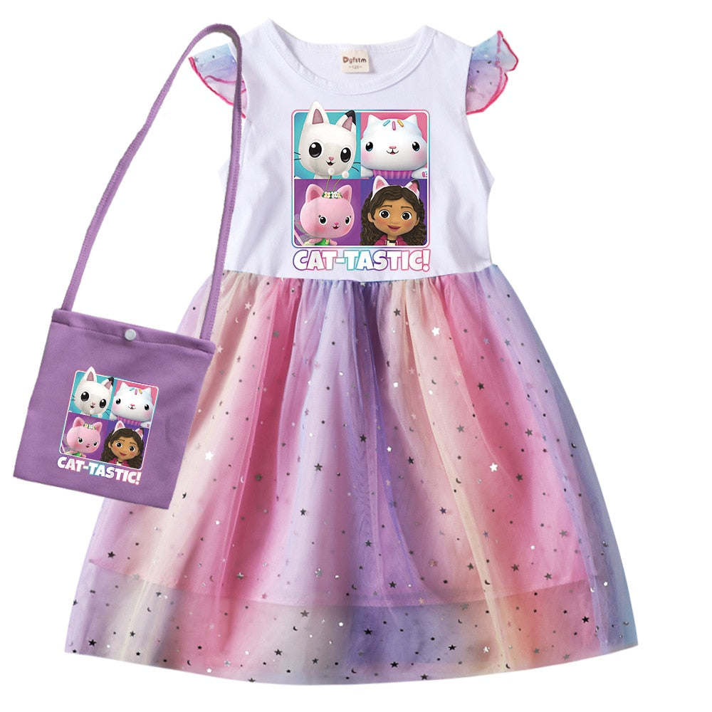 Gabbys Dollhouse Clothes Baby Girls Sleeveless Dresses with Small Bag Kids Cartoon Cats-tastic Wedding Party Princess Vestidos