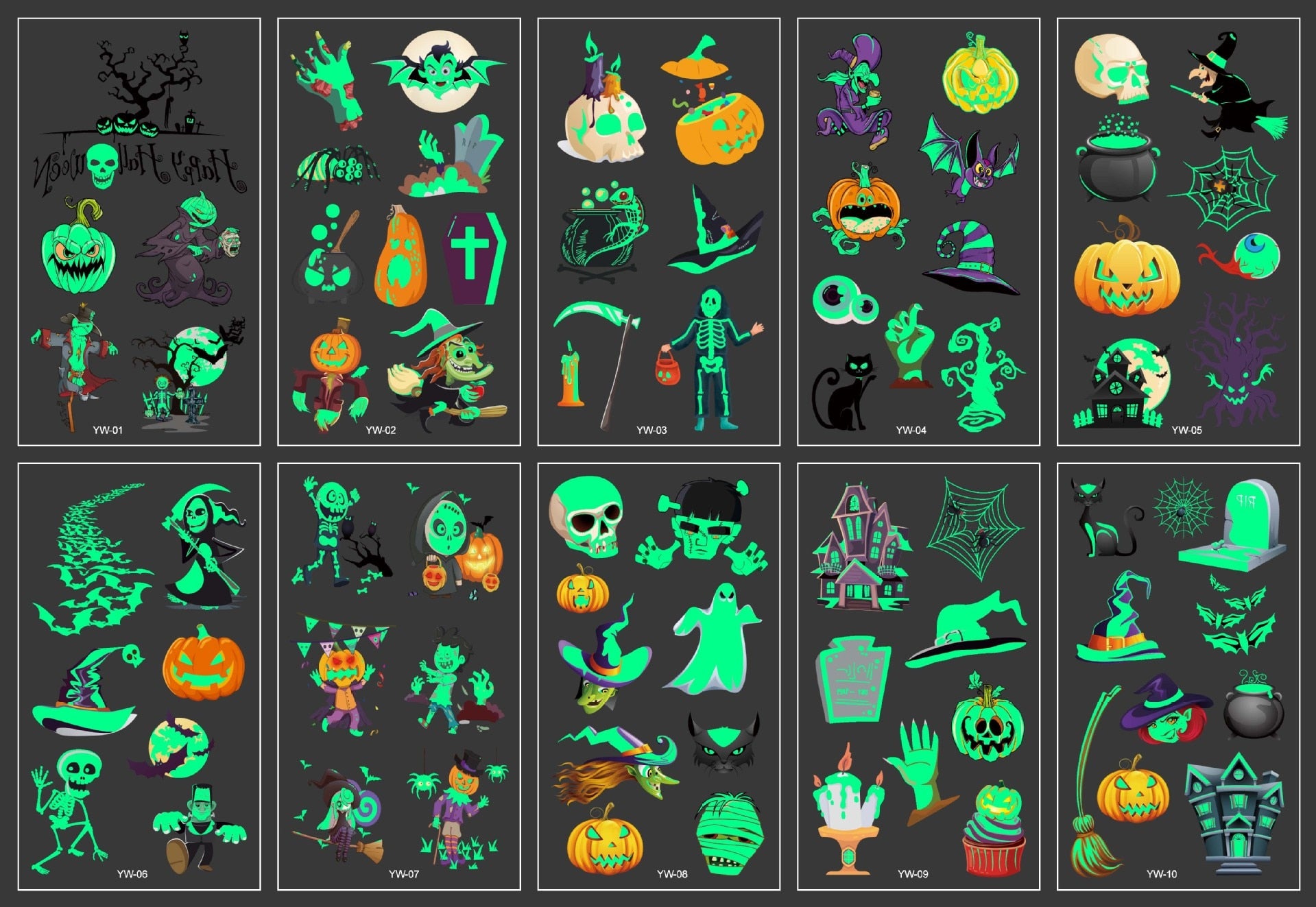10 Sheets Each New Halloween Decoration  Luminous Tattoo Stickers Bar Party Shiny Unique Bat Pumpkin Skull Witch