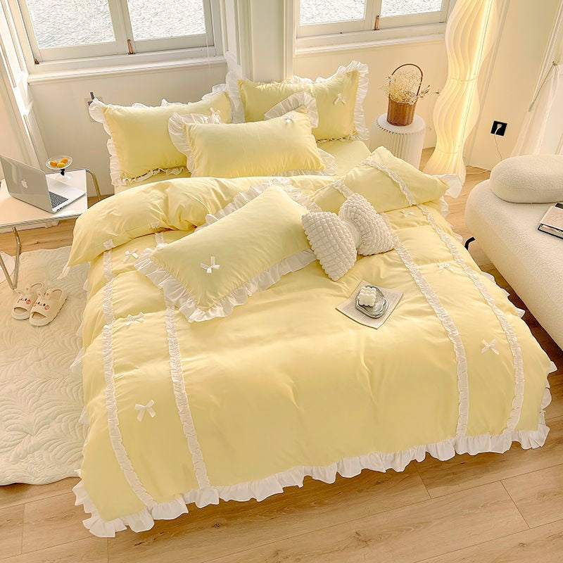 Korean Princess Style Bedding Sets Ins Lace Bowknot Duvet Cover Fitted Sheet For Girl Woman Home Bedroom Kawaii Bed Linens