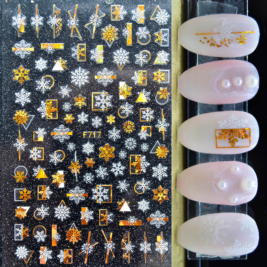 Holographic Laser Gold White Christmas Nail Sticker 5D Snowflakes Leaf Geometry Lines Letter For Manicure Sliders SAF712-719