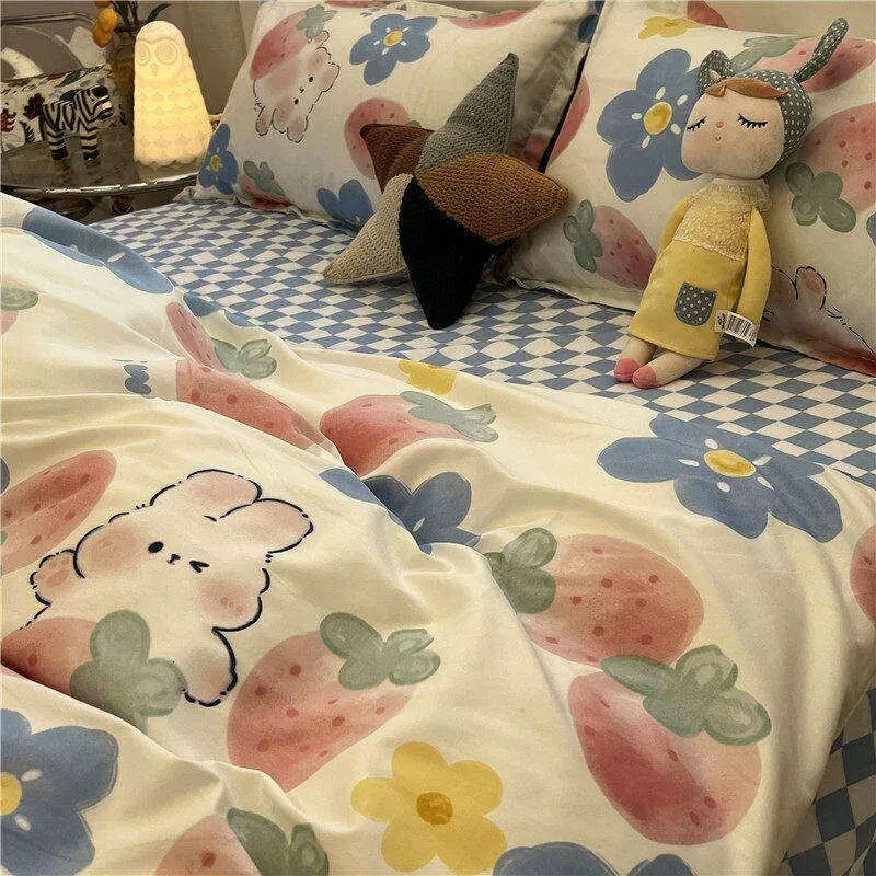 Ins Cartoon Sheep Flowers Bedding Set Duvet Cover Soft Queen King Size Flat Bed Sheet Quilt Cover Pillowcase Kawaii