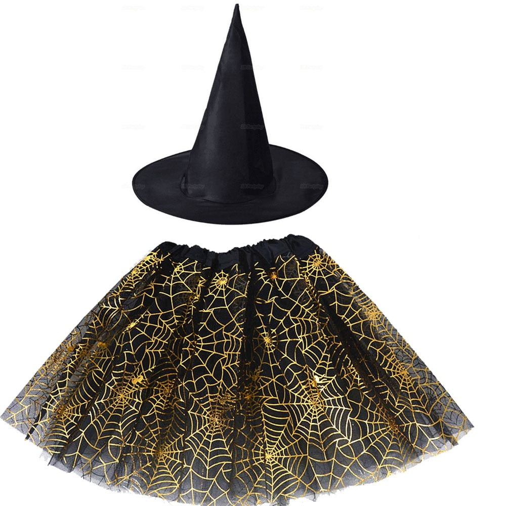 Halloween Costume for Kids Girls Spider Web Tutu Cobweb Skirt Witch Wizard Hat Tulle Carnival Birthday Party Outfits Festival