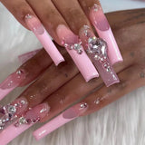 24Pcs/Box Pink French False Nails With jelly Glue rhinestone Fake Nail Tips Detachable Acrylic Coffin Bow Press On Nails
