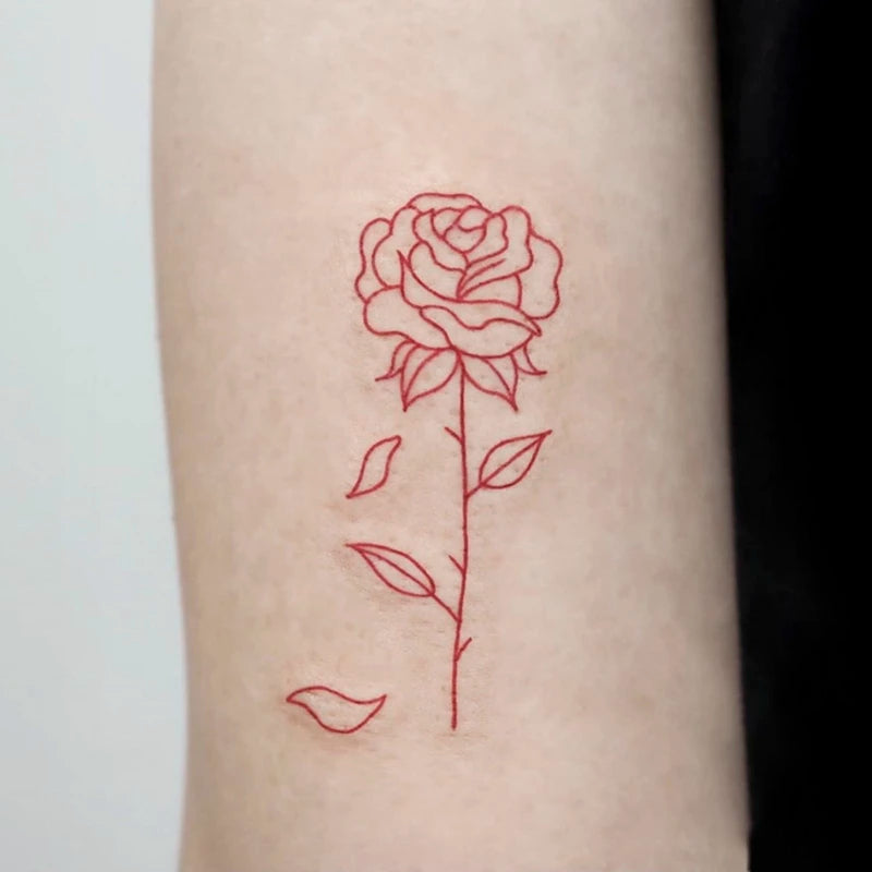 Waterproof Temporary Tattoo Sticker Red Line Rose English Alphabet Design Body Art Fake Tattoo Flash Tattoo Back of Hand Female