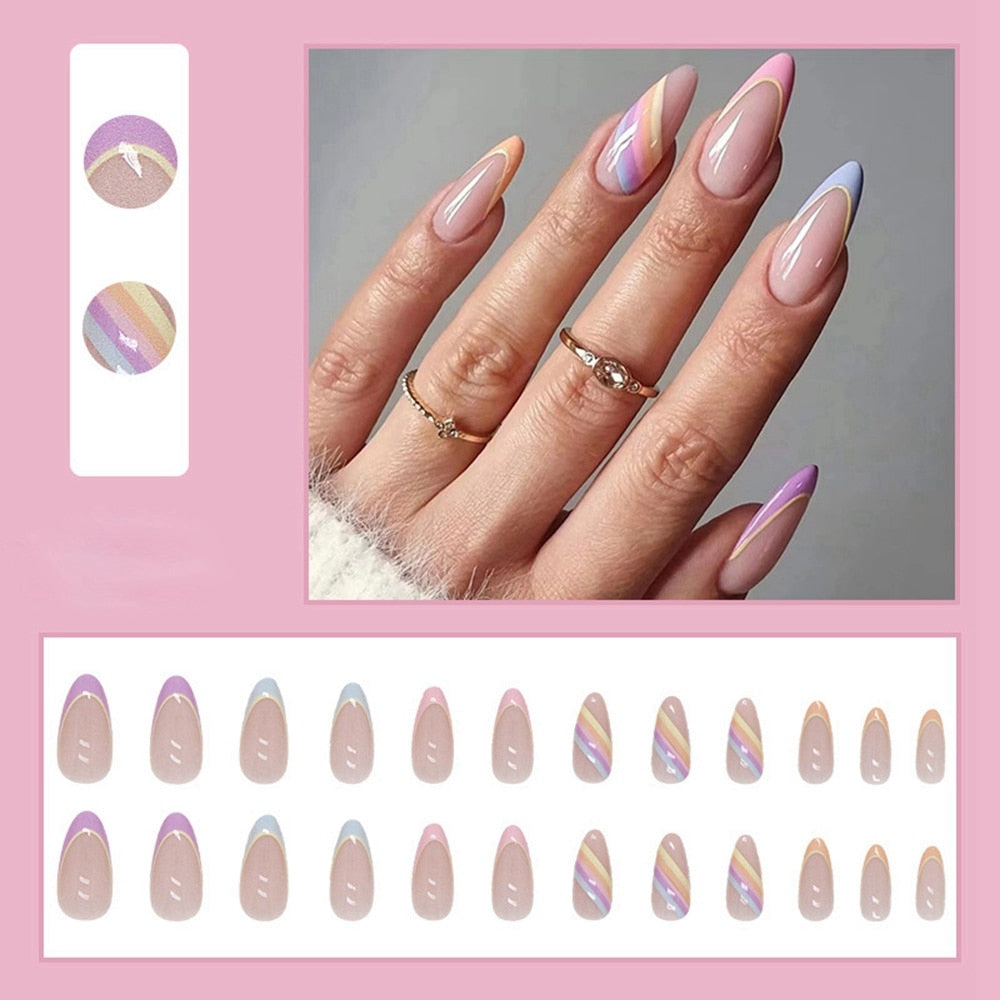 Simple French Wearable False Nails Almond Colorful Stripes Colorblock Design Manicure Fake Nails Line Full Cover Press On Nail