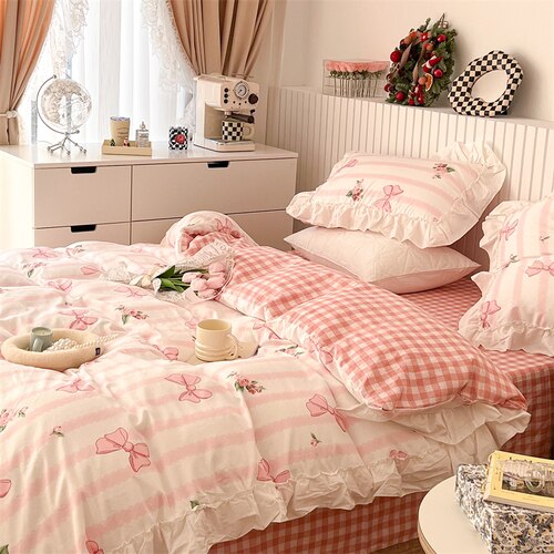 100% Cottom queen bedding set Romantic printed rose ruffle pink bedding set princess home textile linen bed sheet set twin size