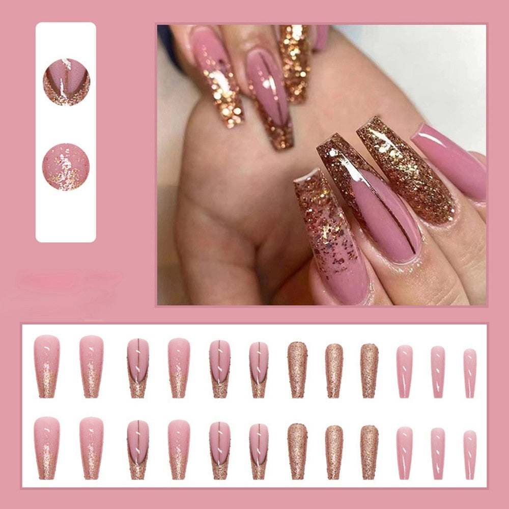 24Pcs Long Coffin False Nails Gold Glitter Sequins Designs Press On Full Cover Fake Nails Tips Wearable Manicure Art Accessories