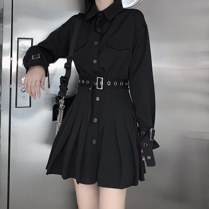 Gothic Pleated Belted Dress