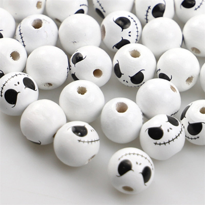 10pcs Halloween Skull Wooden Bead Pumpkin Spider Web Witch Round Loose Beads DIY Crafts Decoration Halloween Holiday Accessories