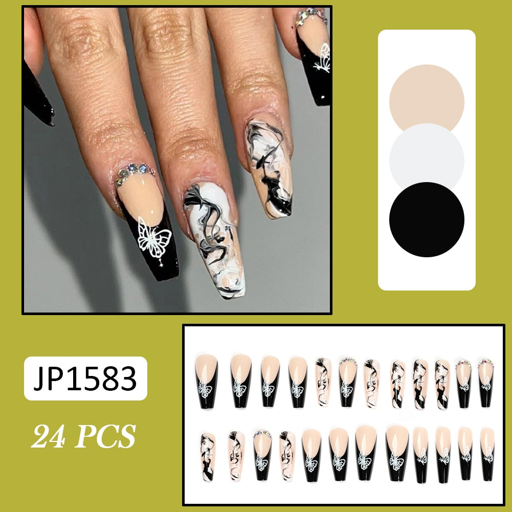 24pcs False Nails Nude Gradient Nail Patch Rhinestone Inlaid Press On Nails Removable Long Paragraph Fashion Manicure nail tips