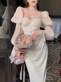 Vintage Women Fashion Elegant Puff Sleeve Midi Corset Maxi Dresses Evening Prom Female Party Lady Clothes Vestdios Summer